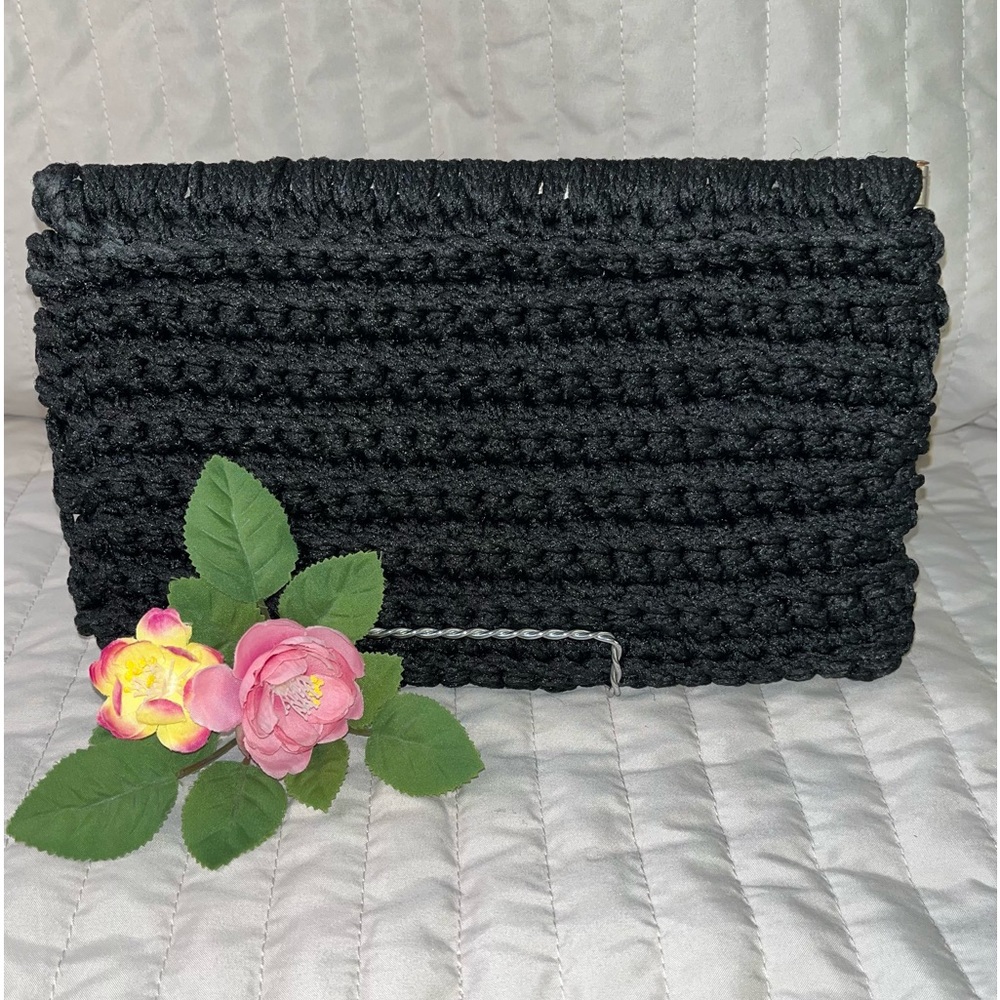 1970’s Macram’e black clutch bag purse Retro Handmade Boho Hinged close 10 x 6.5